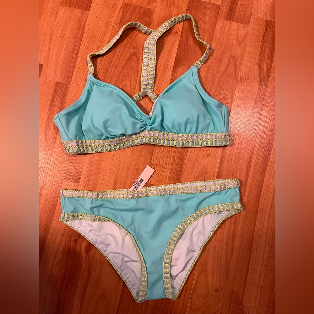 🌺Victoria's Secret SWIM teal crochet trim BIKINI M-Top & S-Bottom-NEW.